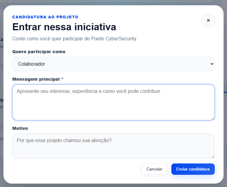 Card para se candidatar ao projeto