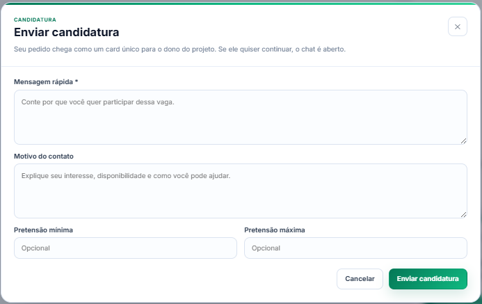 Menu para candidatura à vaga
