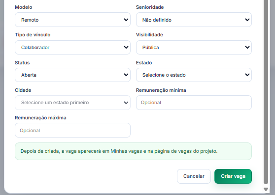 Campos adicionais de contratação da vaga