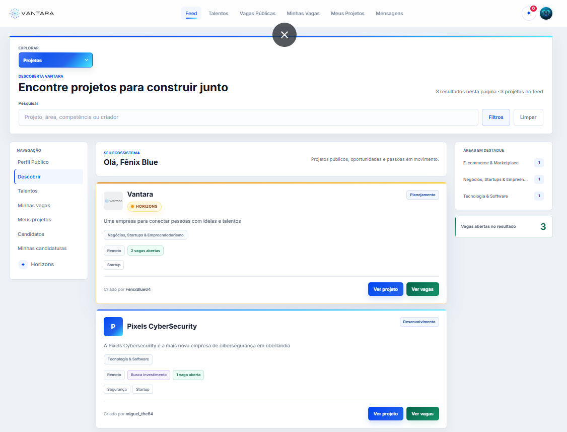 Página principal do feed da Vantara