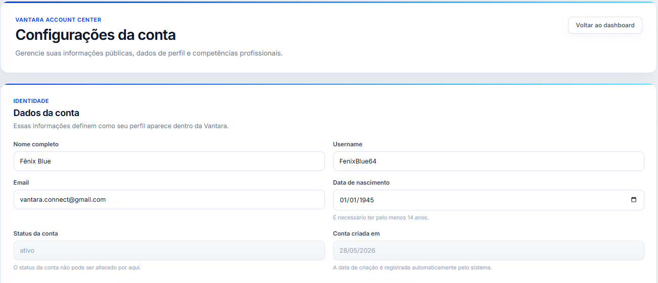 Página de configurações