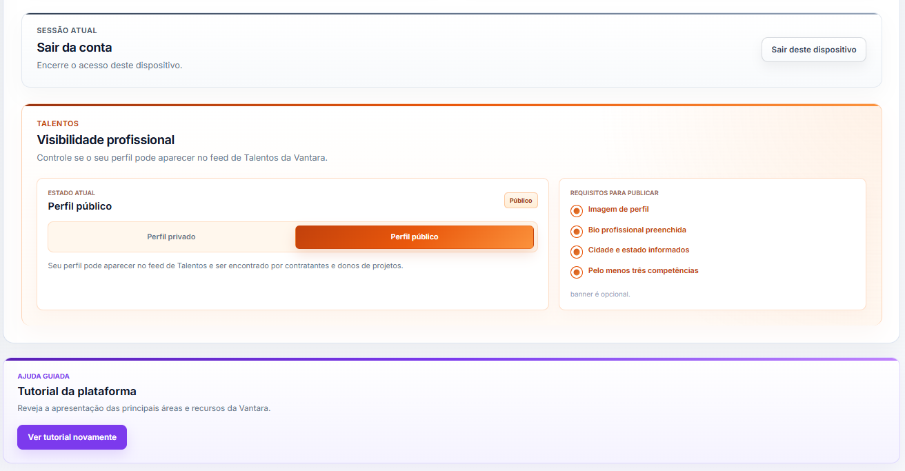 Última seção das configurações