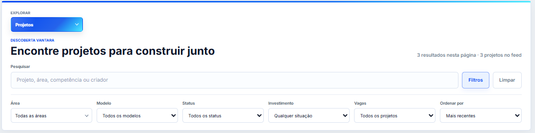 Menu de filtros do feed